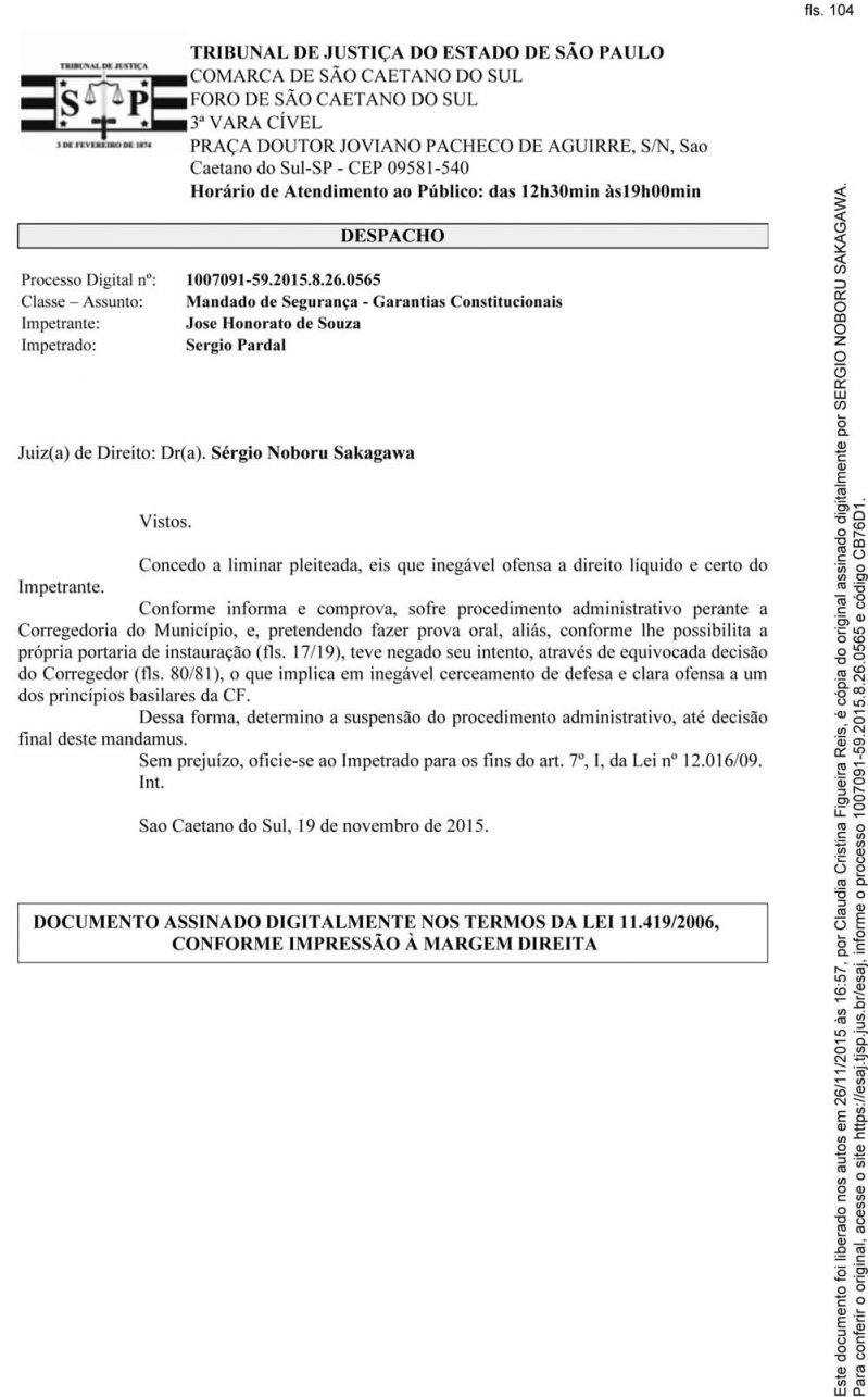 Justiça suspende processo da administração Pinheiro contra funcionário que apóia Auricchio