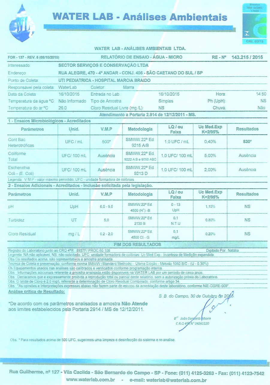 Laudos do laboratório datados de outubro passado dão conta de que a administração não fez nenhuma análise na água nos últimos anos.
