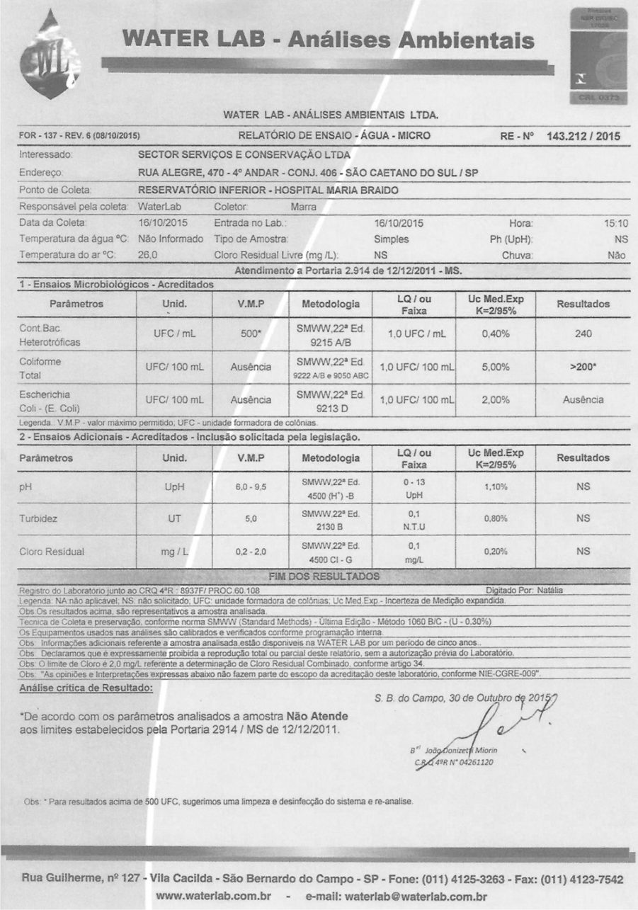 Prefeitura de SCS tenta enganar população e divulga laudo de água de hospital errado