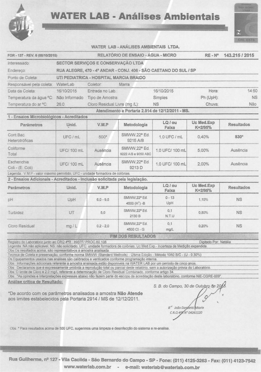 Prefeitura de SCS tenta enganar população e divulga laudo de água de hospital errado